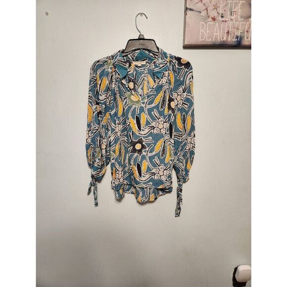 Christian Siriano Top Womens Small Blue Yellow Whimsical Floral Boho Peasant - Picture 1 of 4